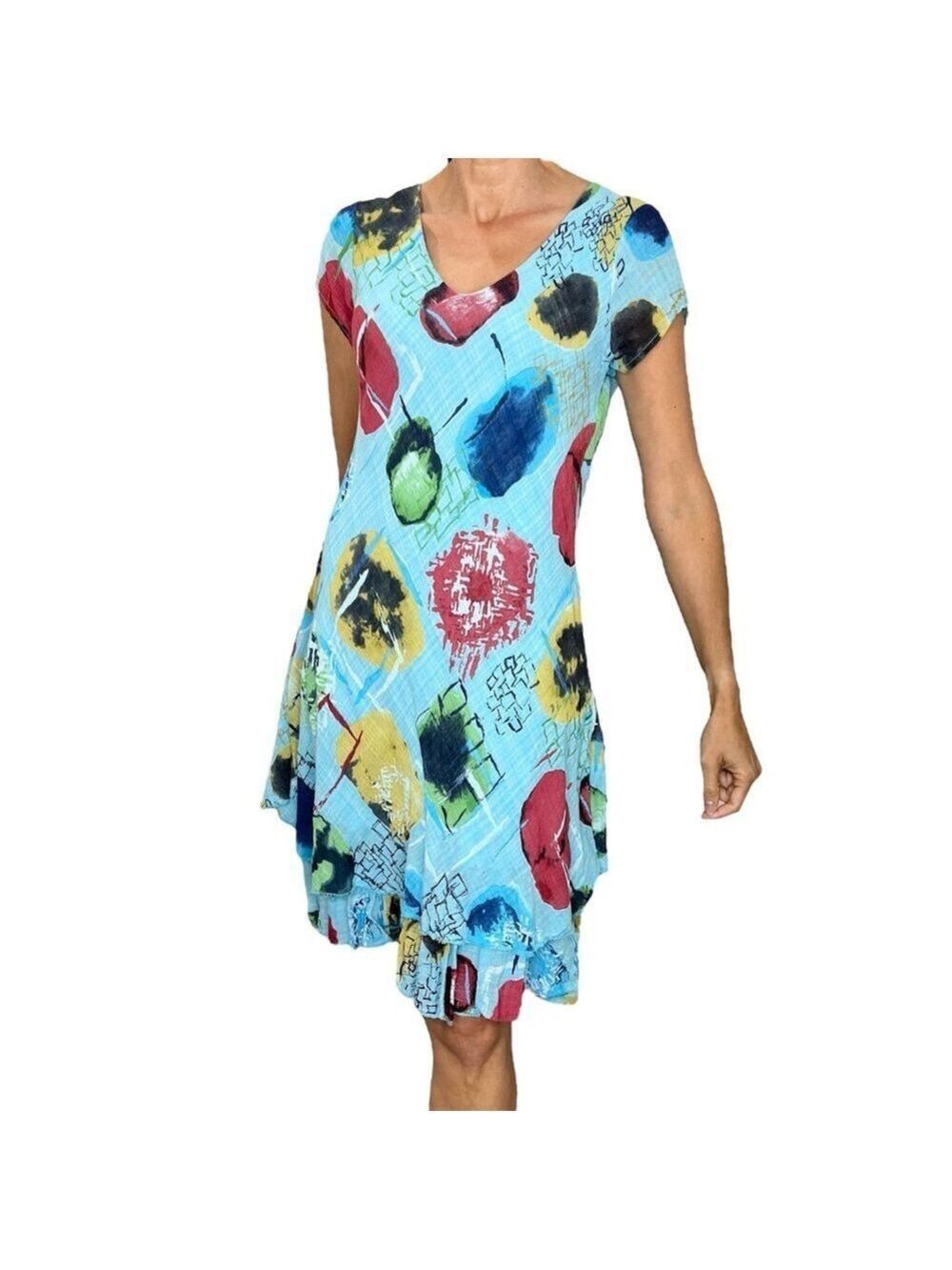 Frocella Italy aquamarine blue fruit print cotton knee length summer dress OS